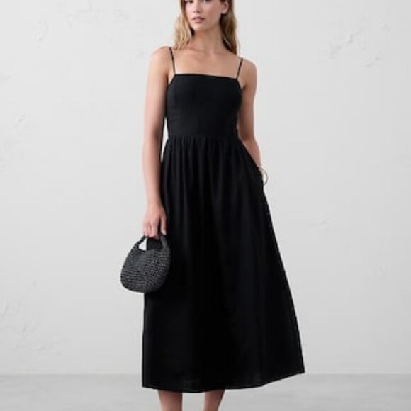Linen-Blend Seamed-Bodice Midi Dress Black - Picture 1 of 9